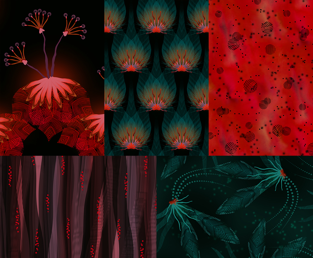 Tropical iridescence inspired collection of 5 patterns.