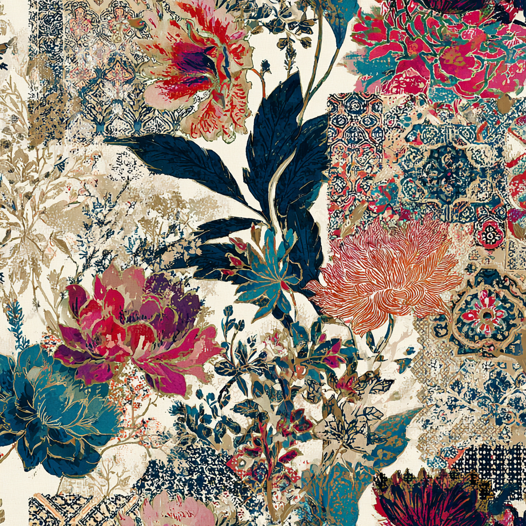Complex pattern design featuring ornate motifs, florals in reds, greens and creams on a light cream ground.