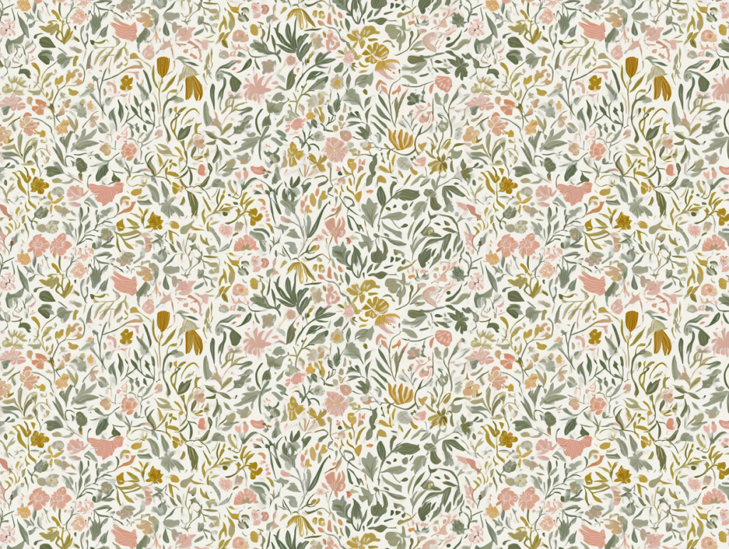 Pattern of a repeating floral design featuring pink, green, and gold flowers and leaves on a cream ground.