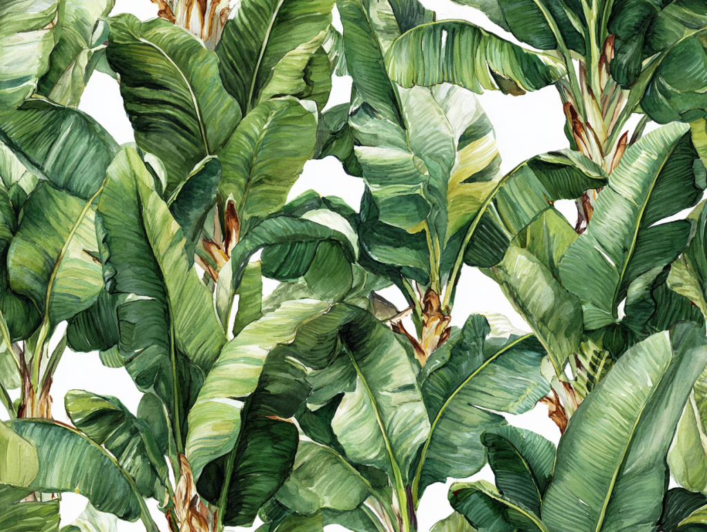 Tropical leave pattern in a painterly style. Featuring a variety of green leaves on a white background.